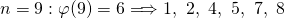 n=9: \varphi(9)=6 \Longrightarrow 1,\ 2,\ 4, \ 5, \ 7, \ 8